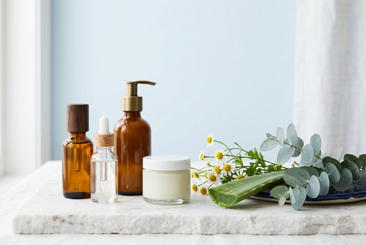 Minimal glass skincare bottles beside chamomile, aloe and eucalyptus on white stone