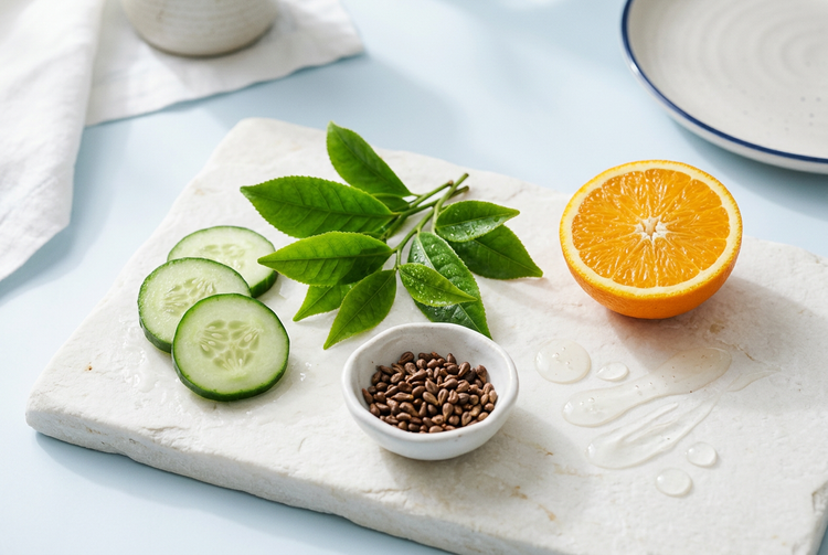Skincare ingredients including botanicals and serum droplets on a soft blue and white background