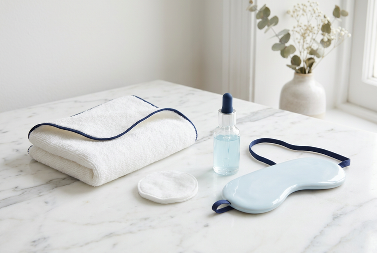 Gentle eye-care routine essentials, a serum dropper, cotton pads and a soft towel, on a white surface
