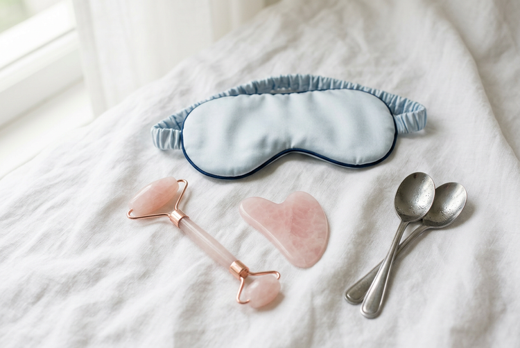 Jade roller, gua sha stone and cooling eye mask arranged on a white surface