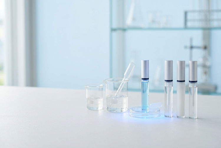 Clean laboratory scene with glass droppers and vials on a white bench