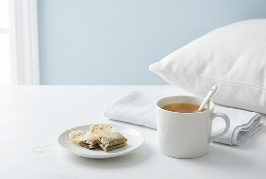 Chamomile tea bags, a cup of herbal tea and a soft pillow for resting tired eyes